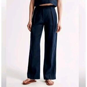 Abercrombie & Fitch Tailored Linen Blend Wide Leg Pants Navy‎ Blue- Size XS